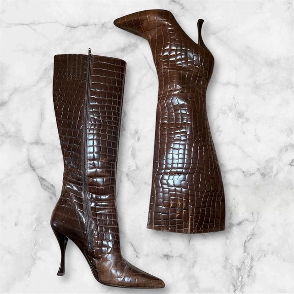 Via Spiga Leather Croc Heeled Boots Made in Italy Size 7 - Picture 3 of 10